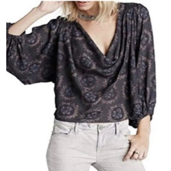 Free People  Cowling Around Peasant Blouse Sz XS NWT Midnight combo draped - Picture 1 of 12